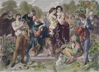 Orlando a zápasník z knihy Jak se vám líbí od Williama Shakespeara, vyryl Charles W. Sharpe
